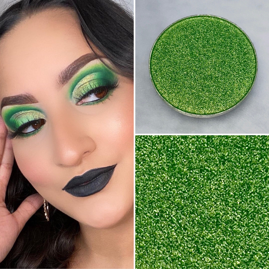 Shimmer green eyeshadow pot sold individually. Fully customize your own eyeshadow palettes or buy each pot individually. Matte eyeshadow, shimmer eyeshadow and duochrome eyeshadow shades available.