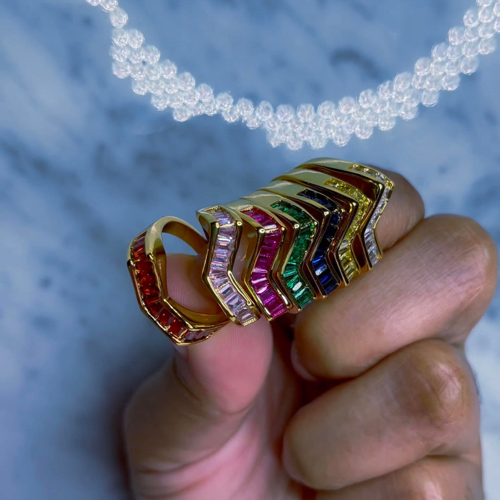 Colores - Baguette Ring (Gold) The ultimate stackable ring. 18k gold plated, tarnish and water resistant. Rings are sold individually and come in the colors orange, light pink, dark pink, blue, green, yellow and white in sizes 6 through 9. 