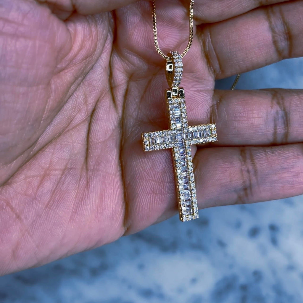  Regalo - Cross Pendant Necklace Crystal pave and baguette cross pendant necklace. 1 1/2" in length 1/2" wide 18k gold plated, tarnish resistant and water resistant on an adjustable 20" box chain.